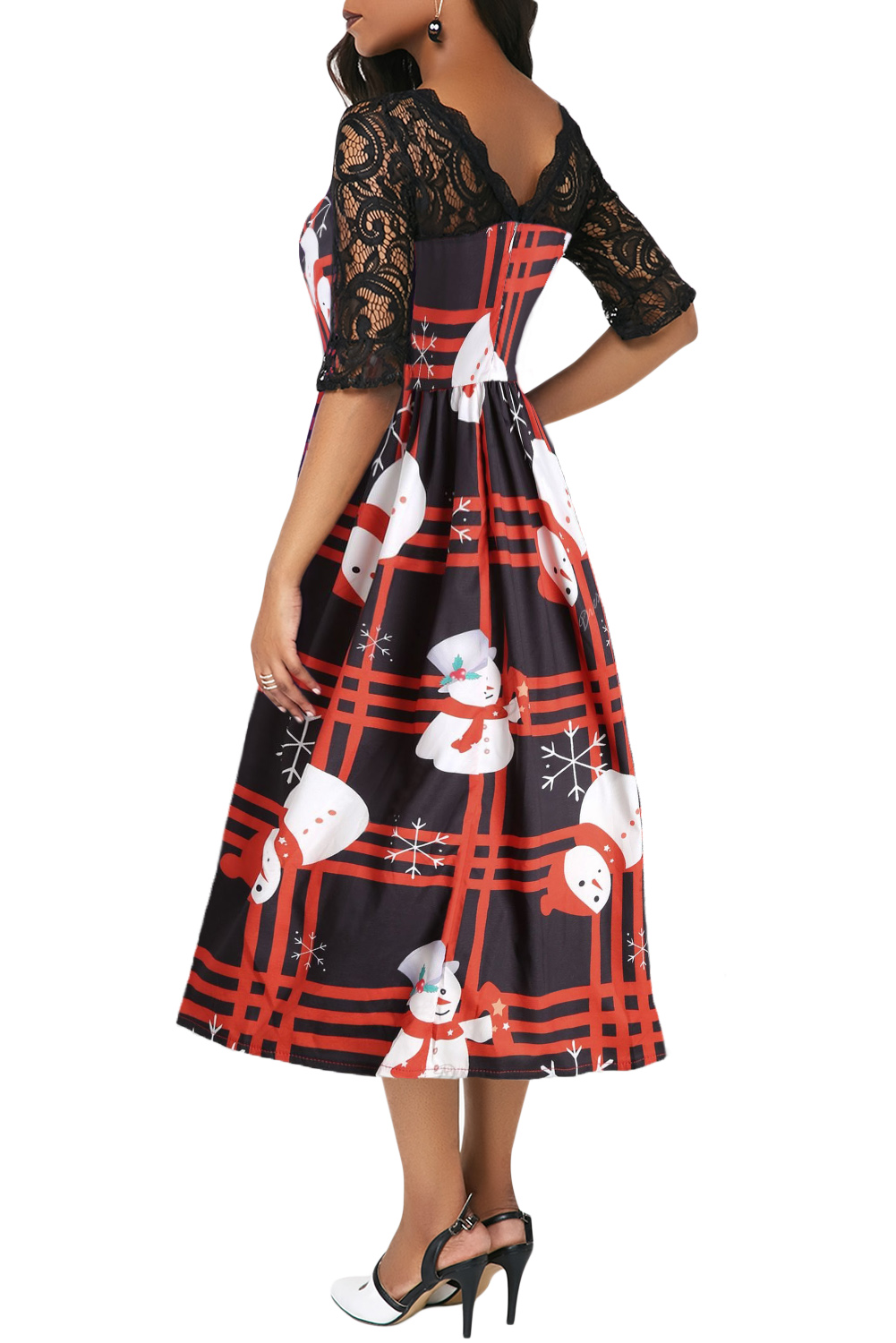 BY610920-3 VINTAGE SNOWMAN PLAID РОЖДЕСТВЕНСКОЕ ПЕЧАТЬ РАСПЫШЛЕННОЕ ПЛАТЬЕ